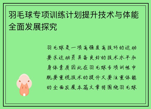 羽毛球专项训练计划提升技术与体能全面发展探究